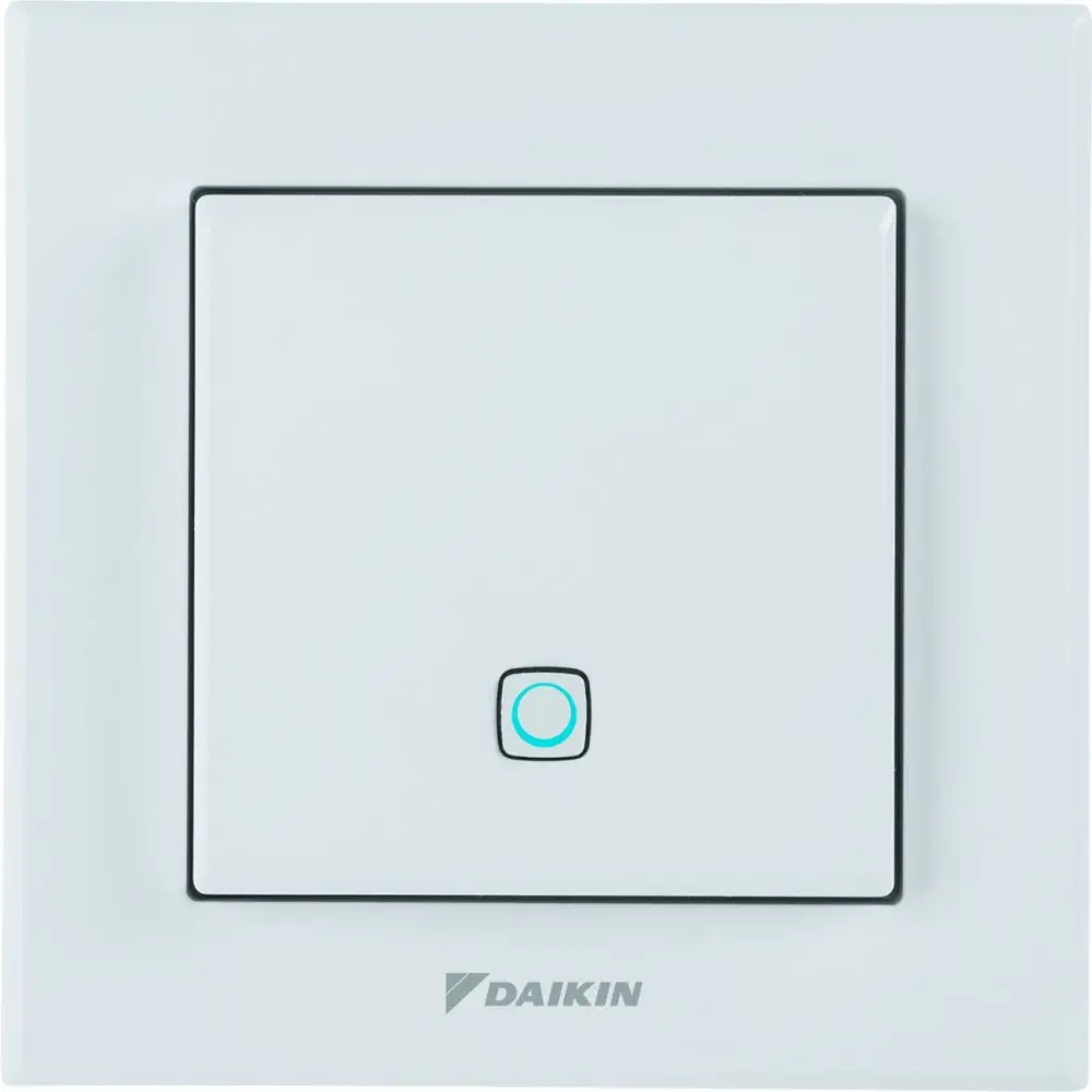 Weißer Wandsensor von Daikin mit quadratischem Schalter und einem blauen LED-Indikator. Ideal zur Steuerung von Klimaanlagen oder Heizsystemen.